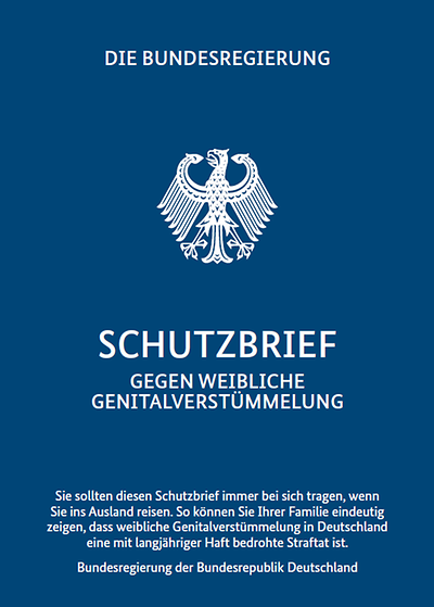 Titelseite vom Schutzbrief gegen weibliche Genitalverstümmelung