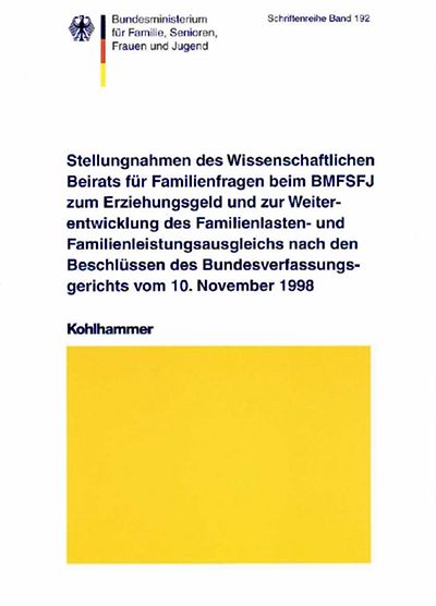 Deckblatt der Schriftenreihe Band 192 Stellungnahme des Wissenschaftlichen Beirats für Familienfragen beim BMFSFJ 